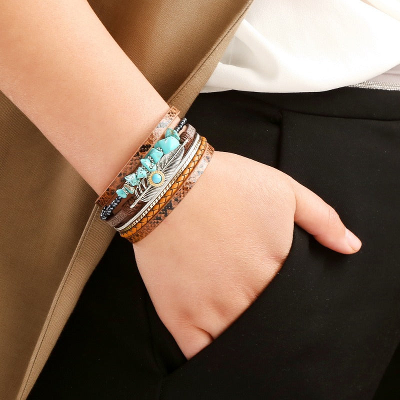 Wholesale Retro Ethnic Style Woven Turquoise Multi-layer Bohemian Magnet Buckle Feather Bracelet